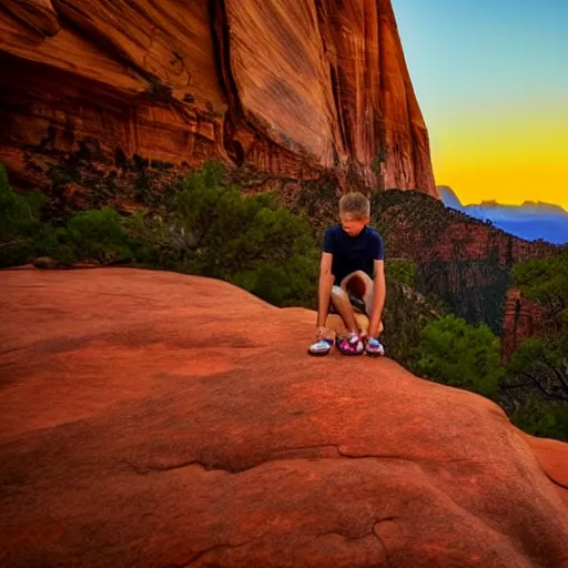 Image similar to award winning cinematic still of teenager boy praying in zion national park, rock formations, colorful sunset, epic, cinematic lighting, dramatic angle, heartwarming drama directed by Steven Spielberg