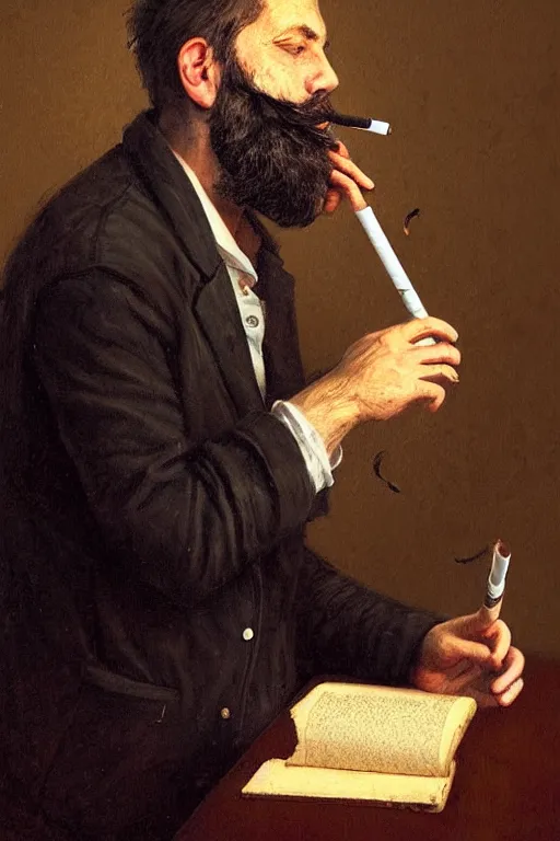Prompt: portrait of a middle - aged writer with a beard, he is smoking a cigarette, style of greg rutkowski