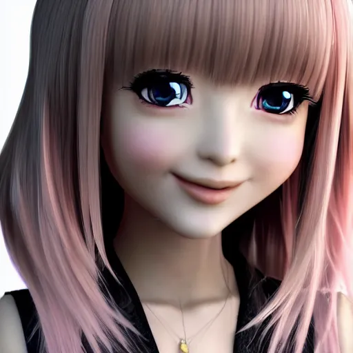 Image similar to Render of Nikki from Shining Nikki Dress-Up Game, a cute 3D anime young woman, long light pink hair, full bangs, full round face, hazel amber eyes, pale skin, cute freckles, light blush, Chinese heritage, smiling softly, wearing casual clothing, interior lighting, cozy home background, medium shot, mid-shot, hyperdetailed, trending on Artstation, Unreal Engine 4k