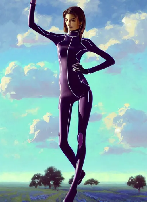 Image similar to full body portrait of a combination of Ashley Greene, Victoria Justice and Adriana Dxim, Grace Kelly and Lily Collins wearing a Plugsuit from Neon Genesis Evangelion, countryside, calm, fantasy character portrait, dynamic pose, above view, sunny day, thunder clouds in the sky, artwork by Jeremy Lipkin and Giuseppe Dangelico Pino and Michael Garmash and Rob Rey and Greg Manchess and Huang Guangjian, very coherent asymmetrical artwork, sharp edges, perfect face, simple form, 100mm