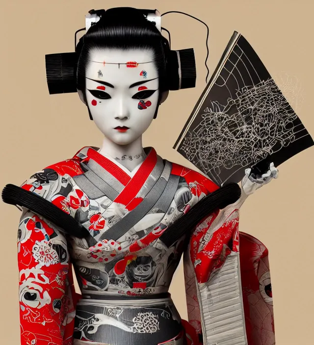 Image similar to full body portrait of a beautiful japanese robotic geisha with wires and kanji tattoos and decals, dramatic lighting, hyper - realistic, ultra - realistic, intricate details, japanese model, 8 k ultra high definition, octane render