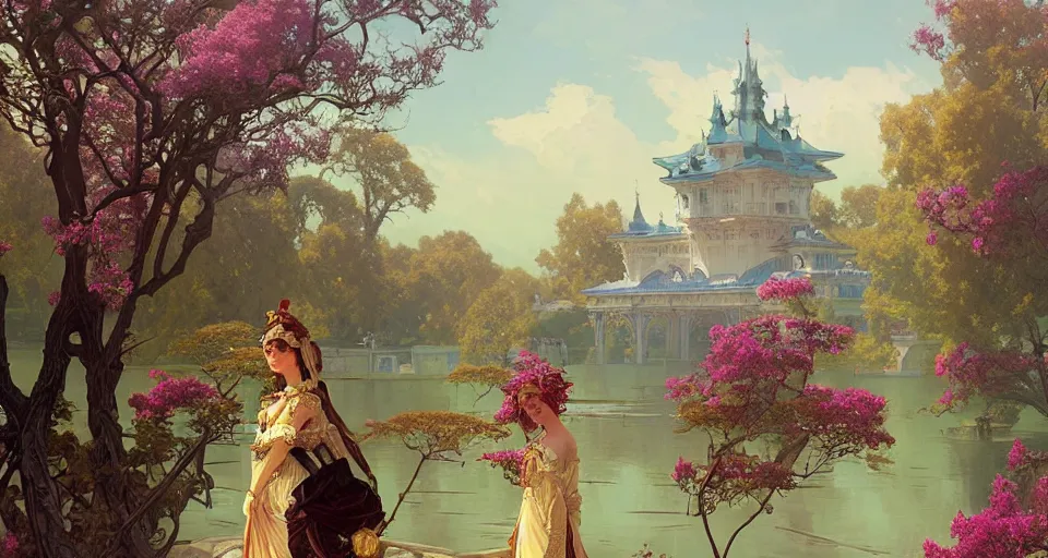 Image similar to royal palace near the lake, lilac bushes, art nouveau architecture, fantasy, art by joseph leyendecker, peter mohrbacher, ivan aivazovsky, ruan jia, reza afshar, marc simonetti, alphonse mucha