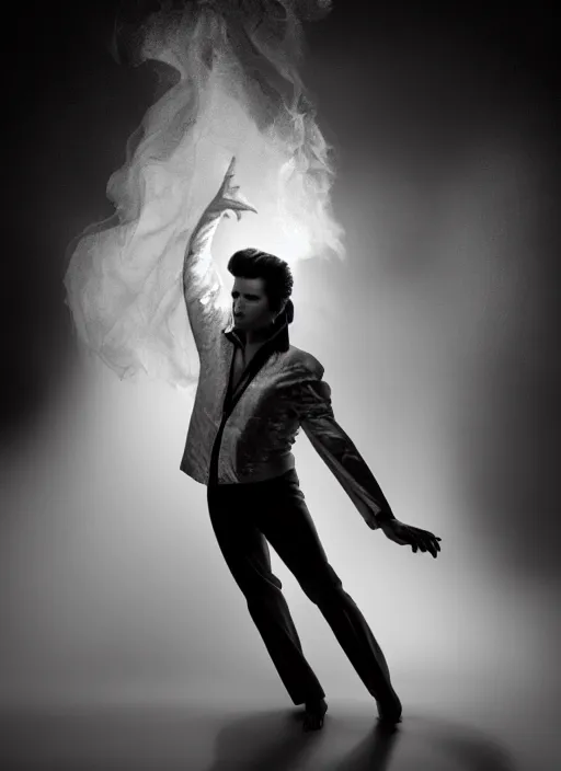 Image similar to a photorealistic dramatic hyperrealistic render of a glamorous beautiful elvis presley by ken brower and deborah ory of nyc dance project, lois greenfield, flowing cloth and smoke, beautiful dynamic dramatic dark moody lighting, volumetric, shadows, cinematic atmosphere, octane render, 8 k