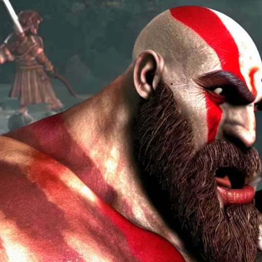 Prompt: close up side view of kratos from god of war staring at a hamburger