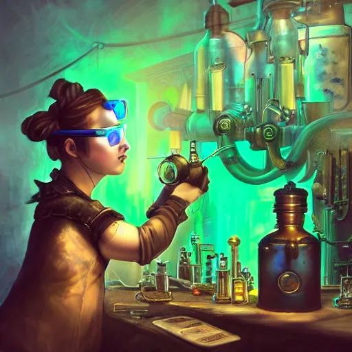 Prompt: subject = (steampunk alchemist with goggles concentrating on her latest creation), foreground = (a flask filled with glowing green liquid, specular highlights within, volumetric light, ray traced), background = (medieval alchemical workshop, filled with supplies), by ross tran, cgsociety, artstation, digital art, highly detailed, beautiful, award winnning, action action action, tilt shift, dramatic