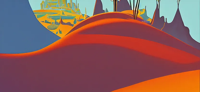 Image similar to a disney desert, painting by Eyvind Earle