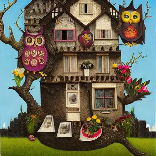 Image similar to a house with a tower, owl, birds, cheese, lowbrow in the style of mark ryden and gioseppo arcimboldo,