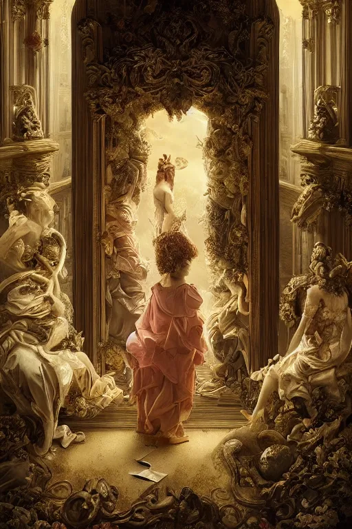 Image similar to the dweller on the threshold dramatic, elaborate emotive Baroque and Rococo styles to emphasize beauty as a transcendental, 8k image, ultra-realistic