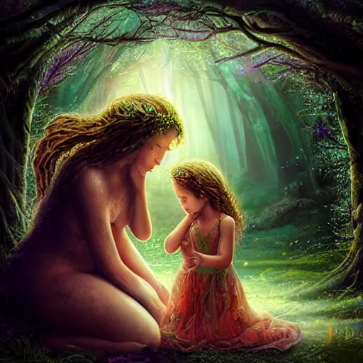 Image similar to “the goddess of love and her daughter making a ritual in a magical forest, sharp focus, detailed, digital art, extra detail, HD, fantasy, 8k”