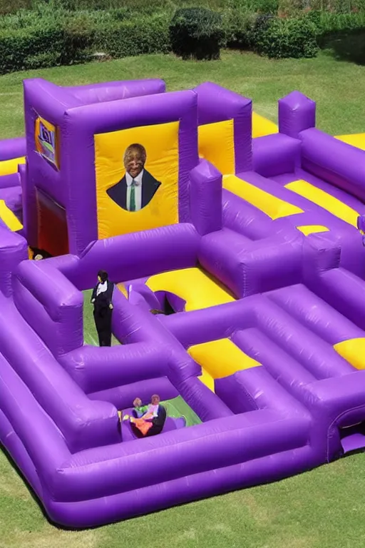 Prompt: nelson mandela in a purple prison form bouncy castle