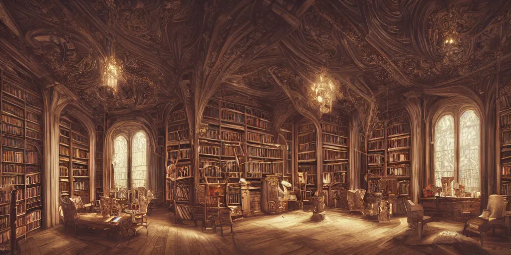 Prompt: library in the style of baroque, star roof, glass windows and colored curtains, flowers, smoke, snowy day, dreamy, hogwarts style, fairy tale, highly detailed, bright light, artstation, mysterious, comfort, in the style of aetherpunk