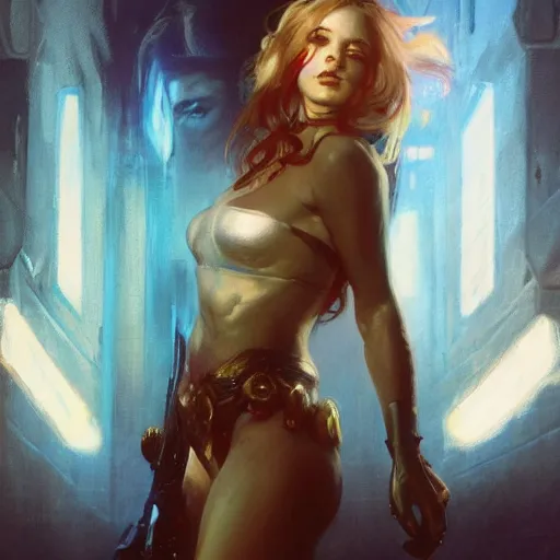 Image similar to jaina proudmoore, hyperrealistic full figure, bladerunner street alley, art of elysium by frank frazetta and by jeremy mann and by alphonse mucha, fantasy art, photo realistic, dynamic lighting, artstation, full figure poster, volumetric lighting, very detailed face, 4 k, award winning