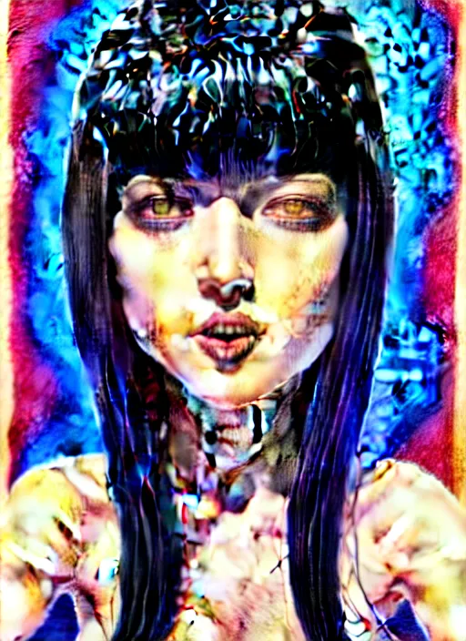 Image similar to richly detailed colored pencil 3D illustration of a beautiful woman with silky straight black hair with iridescence wearing a Nirvana band Tshirt and short black shorts, she staring at the camera happily while being surrounded by slimy tentacles, art by Range Murata and Artgerm.