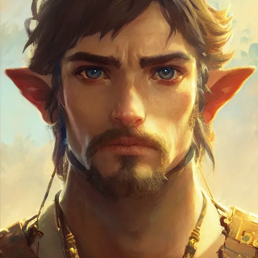 Prompt: a portrait of link from breath of the wild, by gaston bussiere, by mandy jurgens and bayard wu and greg rutkowski, masterpiece