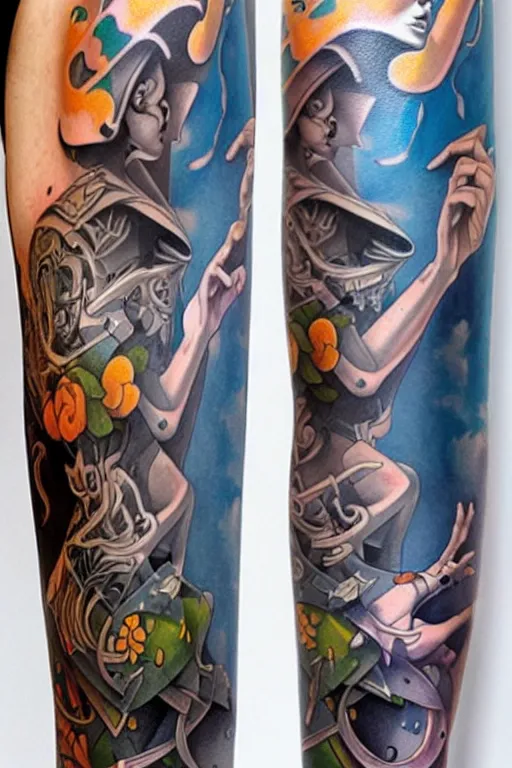 Image similar to tattoo arm sleeves by mc escher and peter mohrbacher