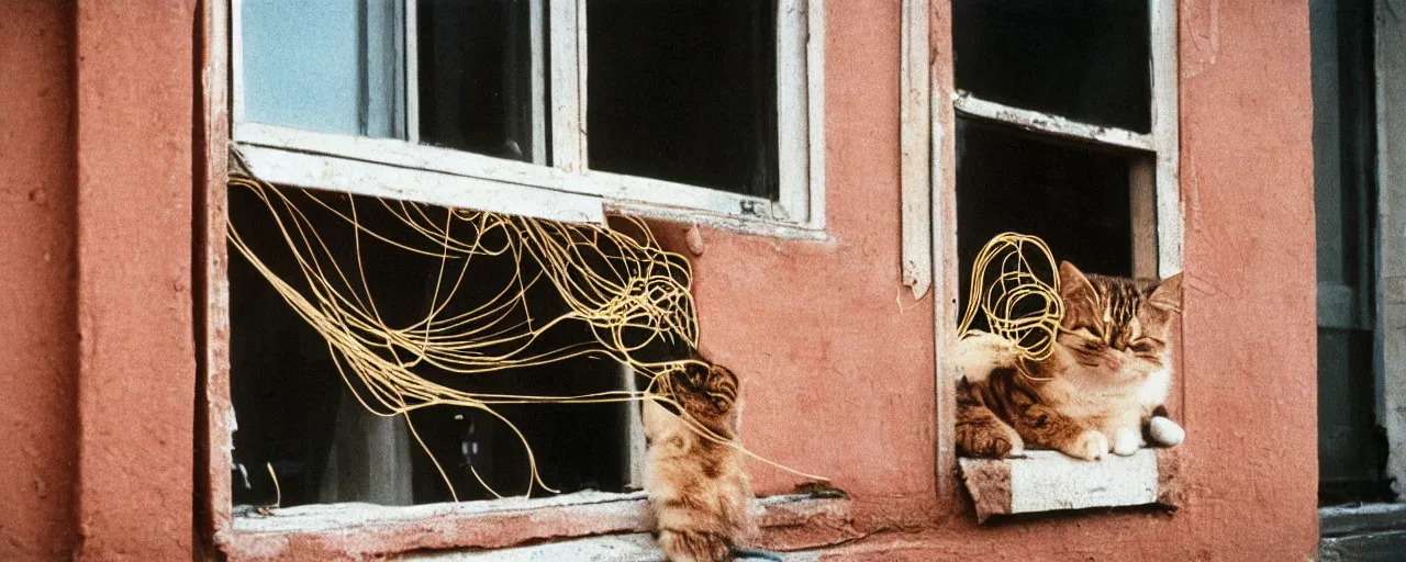 Prompt: a cat playing with spaghetti on a windowsill, city apartment, small details, intricate, sharply focused, canon 5 0 mm, wes anderson film, kodachrome