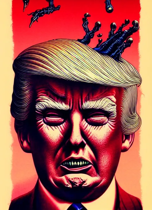 Image similar to donald trump's disgusting true form burstin from within, horror, high details, intricate details, by vincent di fate, artgerm julie bell beeple, 1 9 8 0 s, inking, vintage 8 0 s print, screen print