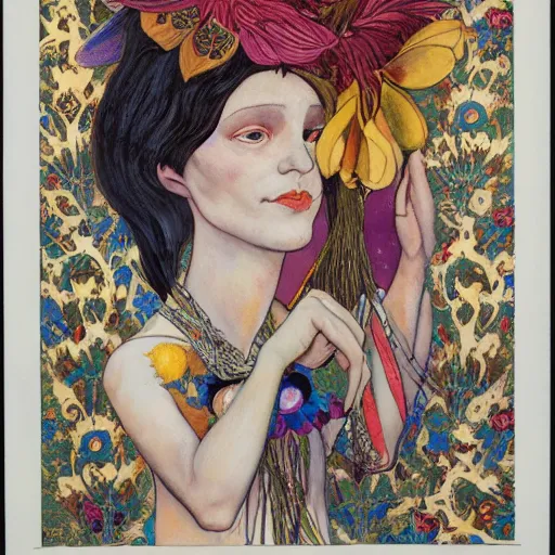 Image similar to the bone crown, by annie swynnerton and leo and diane dillon and ( diego rivera ) and adolf wolfli, elaborate costume, flowers, iridescent beetles, rich color, dramatic cinematic lighting, smooth, sharp focus, extremely detailed