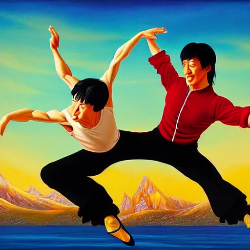 Image similar to a beautiful scenic painting of young jackie chan dancing ballet, by artgerm and wlop and wes anderson and spike jonze