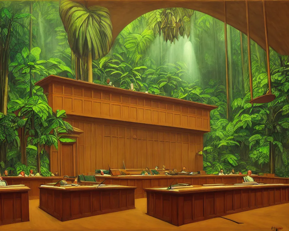 Prompt: a courtroom in the rainforest by hopper. hyperdetailed, proportional, romantic, enchanting, achingly beautiful, graphic print, trending on artstation, jungle, tropical, foliage