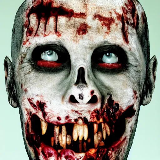 Image similar to real color portrait photo of a zombie smiling