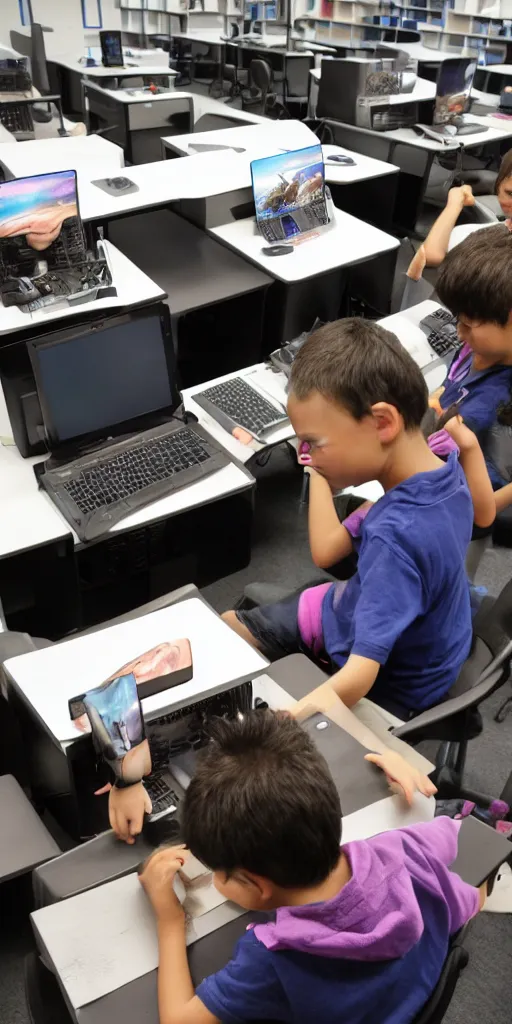 Prompt: photography, children in the computer classroom.