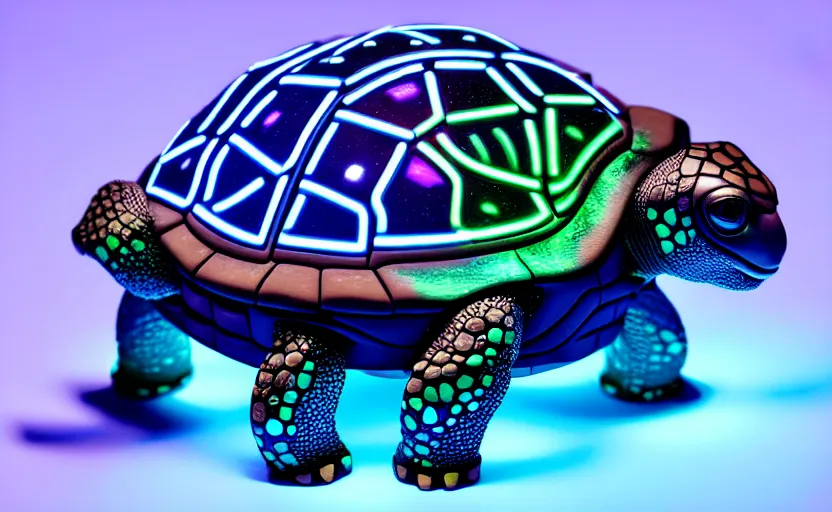 Image similar to artificial Intelligence turtle with its shell made out of modular-synth dials and knobs with a small AMOLED display, LED light accents, sleek design by apple, triple white colorway, modular-synth, VST, 4k, 33mm, high quality photo,