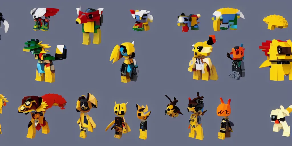 Image similar to small creatures made of a single brick, four legged, quadrupedal, cute looking, kawaii, sharp focus, character sheet, game concept art, blocky, lego mixels, japanese, katamari damacy inspired, pokemon inspired