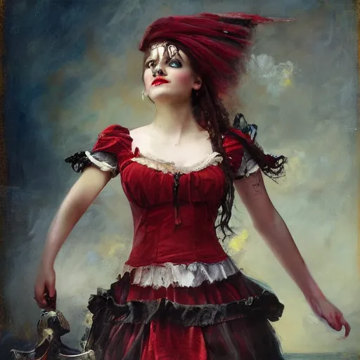 Prompt: Solomon Joseph Solomon and Richard Schmid and Jeremy Lipking victorian genre painting portrait painting of a happy young beautiful woman punk rock goth girl german french actress model pirate wench in fantasy costume, red background-n 9