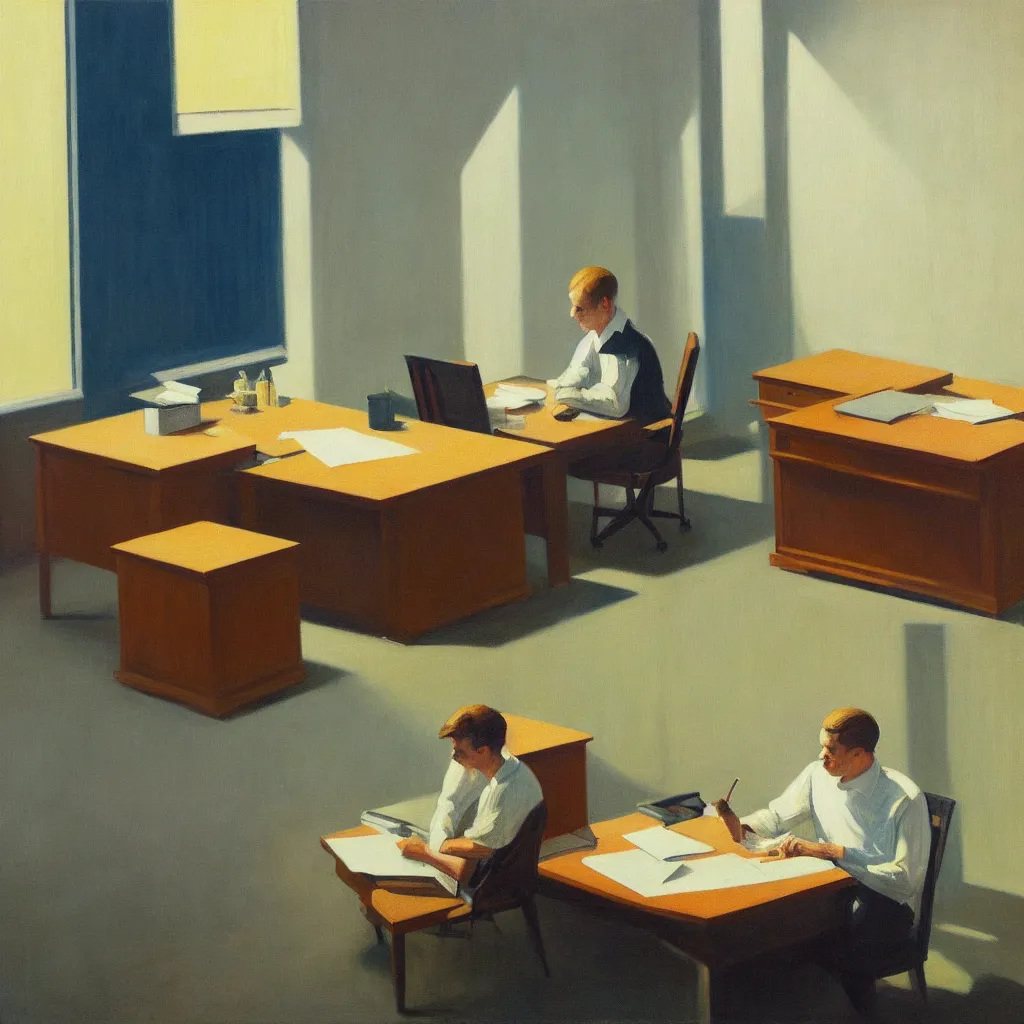 Image similar to painting of a man, sitting at his desk alone, in a huge office, in the style of edward hopper