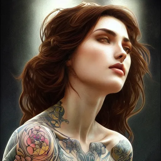 Image similar to ultra realistic illustration, a hot brunette tattooed slavic woman in her late 2 0's, intricate, elegant, highly detailed, digital painting, artstation, concept art, smooth, sharp focus, illustration, art by artgerm and greg rutkowski and alphonse mucha