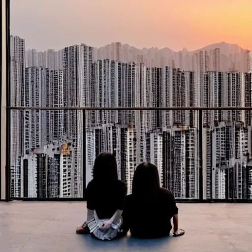 Image similar to a small rooftop with a couple of people sitting and watching the view, wearing black modern clothes, designed by rick owens, messy short hair, modern hong kong is on the background, sunset, by gregory crewdson