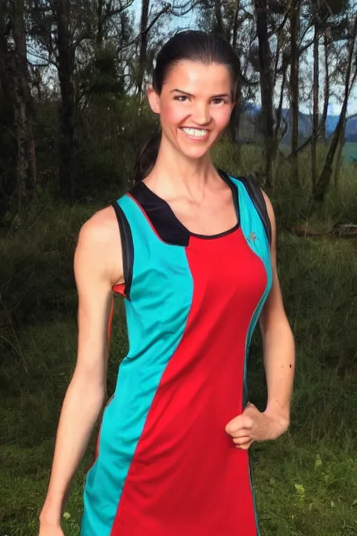 Image similar to fantasy character photo. tall, lanky, athletic woman gleefully telling a bs story full of lies. facial expression of manic obsessive love. danielle campbell. black hair in ponytail. bright blue eyes. sleeveless light green dress. tall, lanky, athletic, wiry, slightly muscular.