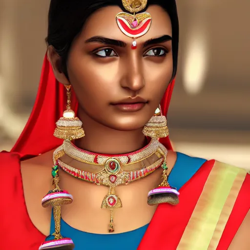 Prompt: a beautiful indian athletic slim female has a halo floating over her head like she was a holy person, the halo was made by a jeweler with gold with intricate details, unreal engine 5