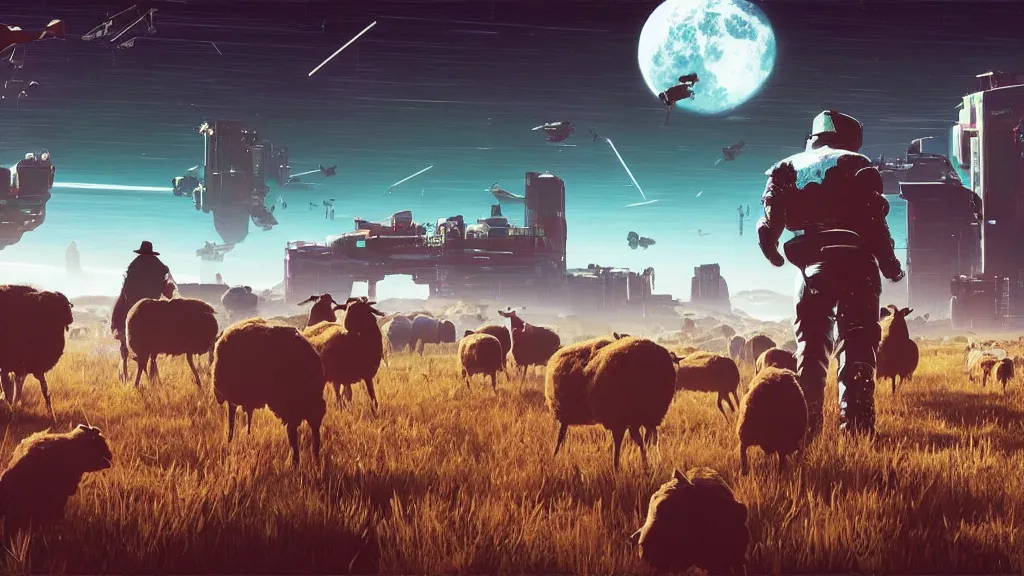 Image similar to Cyberpunk cowboys herding sheep in a No Man's Sky landscape