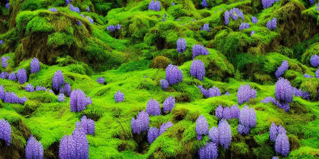 Image similar to photo of a landscape with lush forest nad flowers, wallpaper, very very wide shot, iceland, new zeeland, green flush moss, national geographic, award landscape photography, professional landscape photography, waterfall, stream of water, wisteria flowers, big sharp rock, ancient forest, primordial, sunny, day time, beautiful