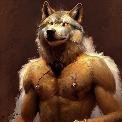 Image similar to a portrait of a wolf dogman. highly detailed painting by gaston bussiere, craig mullins, j. c. leyendecker, furry