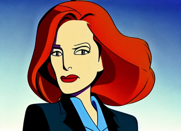 Image similar to dana scully on the x - files : the animated series, shaded animation still, animation model, sharp detail, animation cel, thin linework, in the style of don bluth, bruce timm, alex toth, filmation, toei animation, studio trigger, 5 k, hd