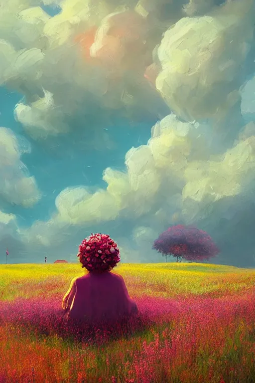 Prompt: closeup, huge flowers as head, woman sitting in heather field, surreal photography, starlight, storm clouds, impressionist painting, digital painting, artstation, simon stalenhag