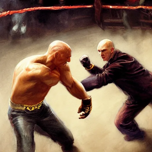 Image similar to a beautiful painting of harry potter fist - fighting voldemort in a boxing ring, rendered art, highly detailed painting by gaston bussiere, craig mullins, j. c. leyendecker 8 k, trending on artstation, art, fighting, watercolor