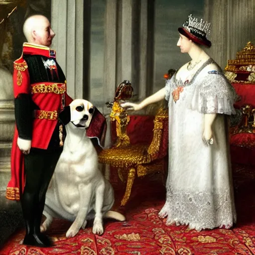 Prompt: a beagle meeting queen Victoria