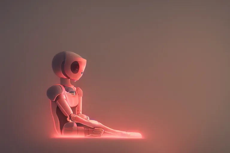 Image similar to a cute robot girl sitting on a cloud relaxing, misty, digital art, hazy, foggy, red lighting, ambient lighting, 8 k,