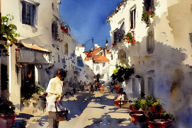 Prompt: abstract watercolor painting of spanish street, white buildings, summer, magical and traditional, cinematic light, french cafe, sharp shadows, daylight, national romanticism by anders zorn, by greg rutkowski, by greg manchess