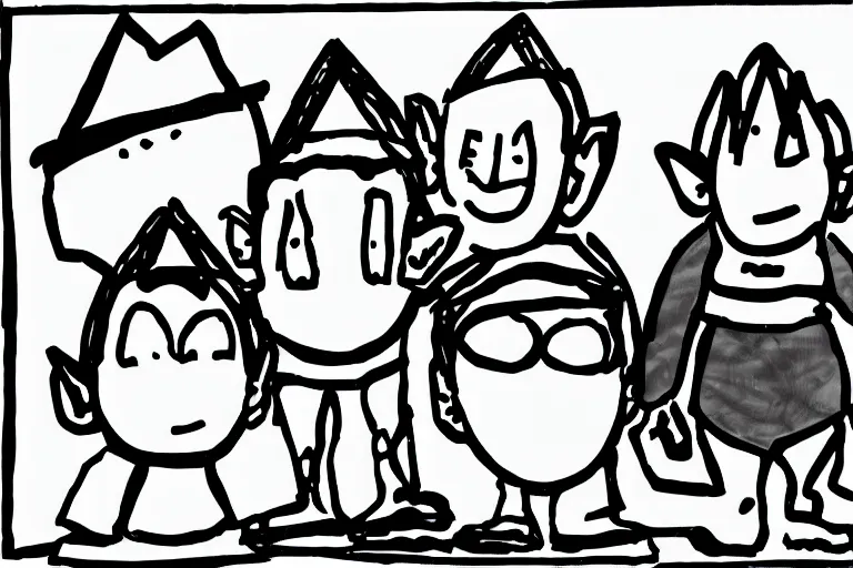 Prompt: black and white simple ms paint doodle of group portrait of grey goblins looking funny looking smug