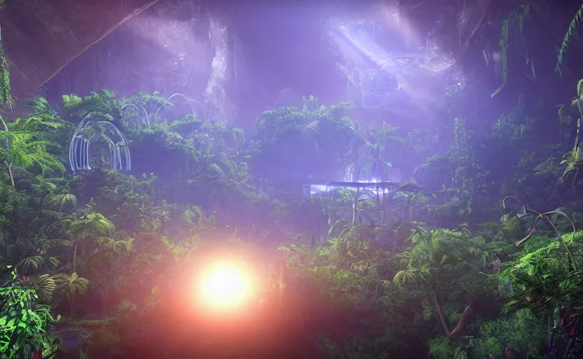 Prompt: a beautiful render of a sci - fi scientific industrial facility localized in a jungle cave, lush flora, patches of yellowish - red - magenta sky, sunset lighting, detailed, hazy, humid, volumetric lighting, god rays, 8 k, photorealistic, raytracing effects, rtx on