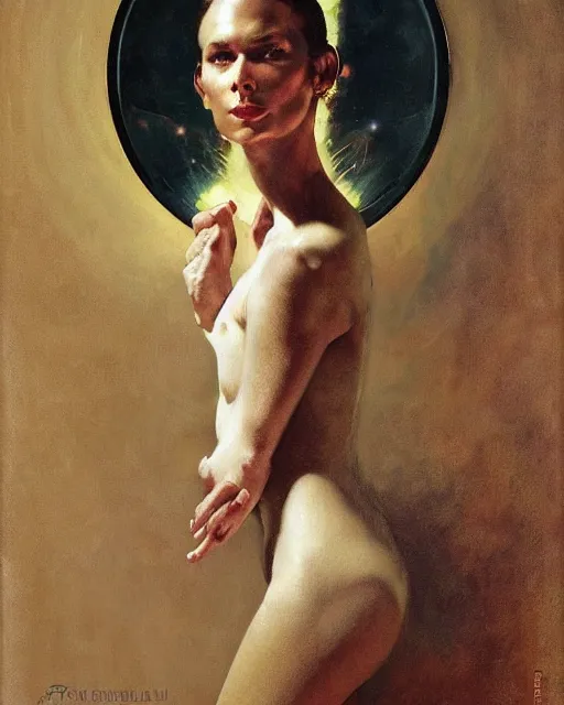 Image similar to head and upper body portrait of elegant striking mature space woman by norman rockwell, roberto ferri, daniel gerhartz, edd cartier, jack kirby, howard v brown, ruan jia, tom lovell, frank r paul, dean cornwell, astounding stories, amazing, fantasy, other worlds