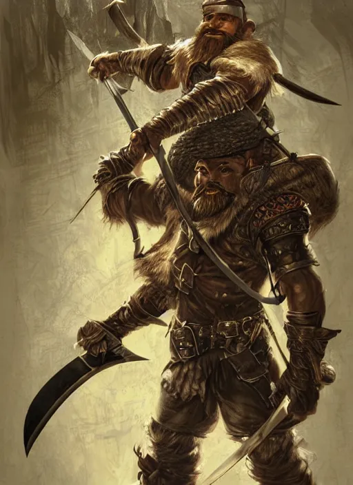 Image similar to strong young man, photorealistic bugbear ranger holding aflaming sword, black beard, dungeons and dragons, pathfinder, roleplaying game art, hunters gear, jeweled ornate leather and steel armour, concept art, character design on white background, by alan lee, norman rockwell, makoto shinkai, kim jung giu, poster art, game art