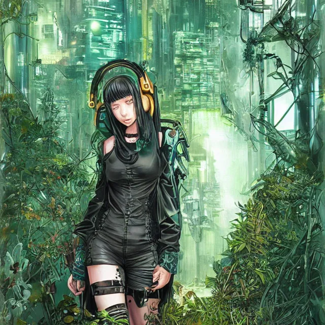 Image similar to the cyberpunk princess overgrown by plants. this oil painting by the award - winning mangaka has interesting color contrasts, plenty of details and impeccable lighting.