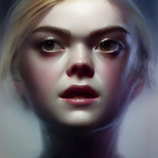 Image similar to ultra realistic medium shot head and shoulders masterpiece portrait painting of elle fanning in dishonored, cosmic horror, artstation, art by frank frazetta, 4 k, ultra realistic, highly detailed, epic lighting