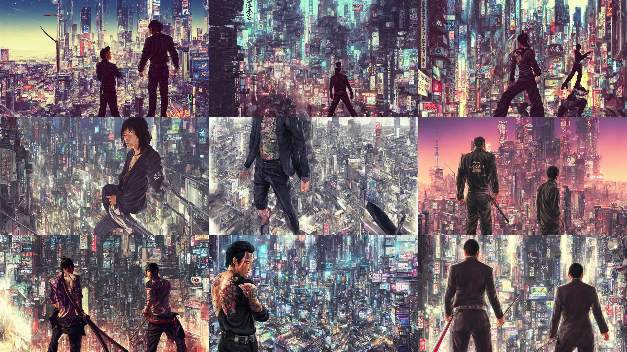 Prompt: wide - shot ~ yakuza abdefa ~ in tokyo japan ~ katana on his back ~ downtown tokyo in the background ; mystery ; scary ; scarred | cyberpunk | futurism | fantasy | highly detailed | trending on artstation | sharp focus : art by artgerm, greg rutkowsky, magali villeneuve'